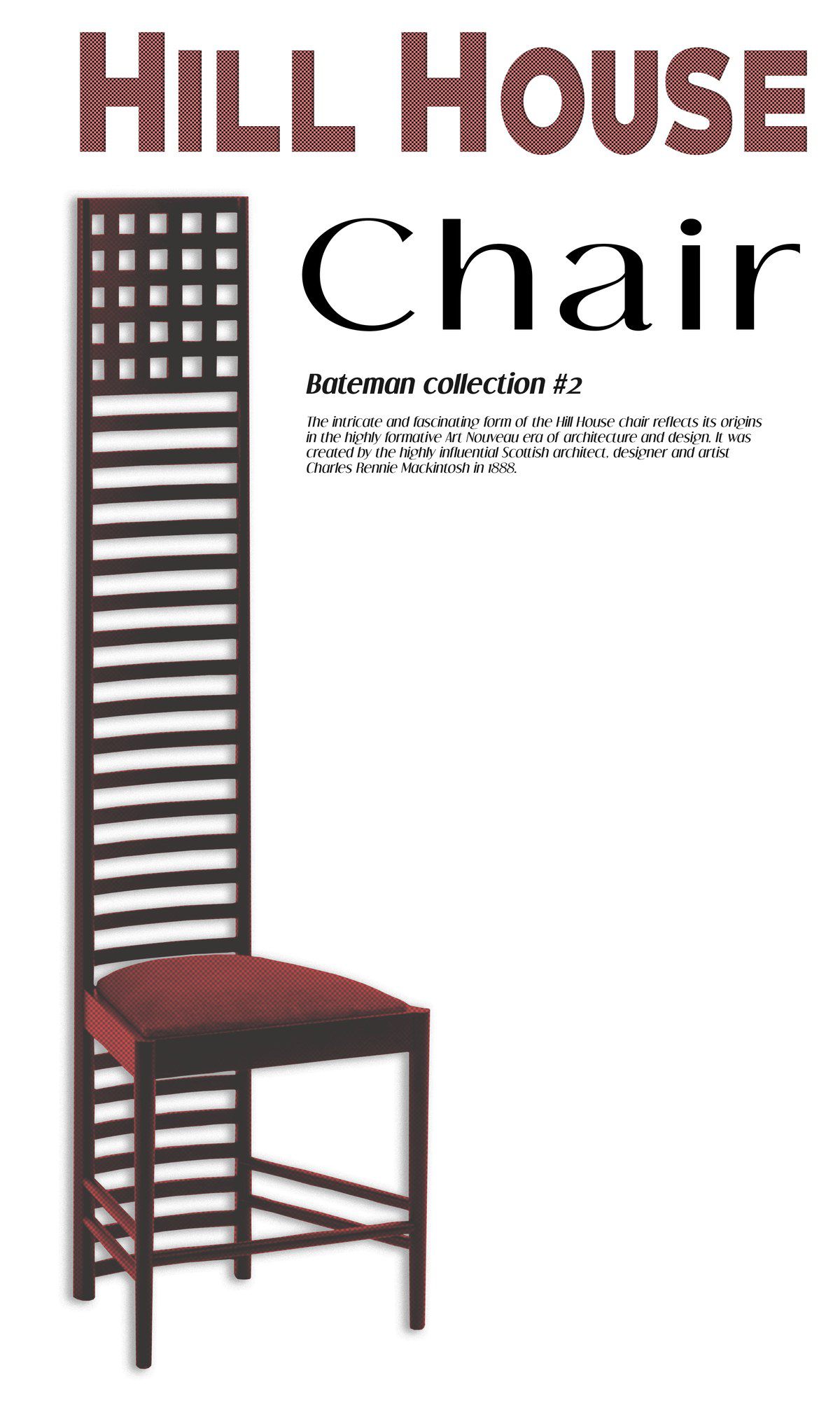 Hill House Chair tee design: tall red halftone chair with bold title