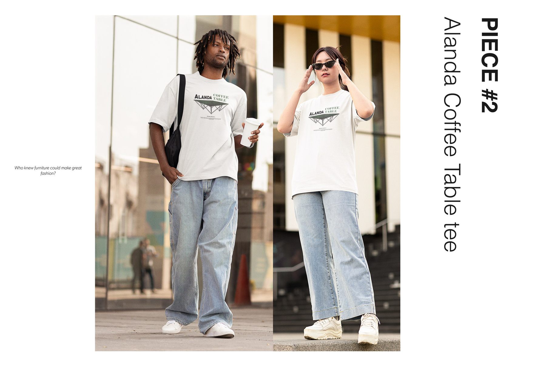 Lookbook page: two models wearing the Alanda coffee table tee