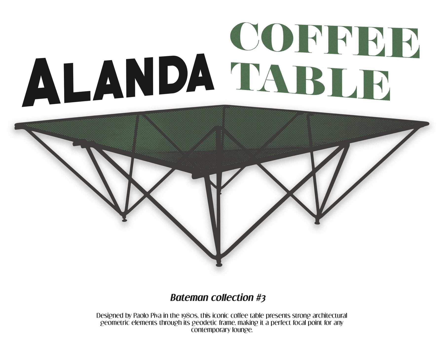 Alanda Coffee Table tee design: green halftone table with perspective title
