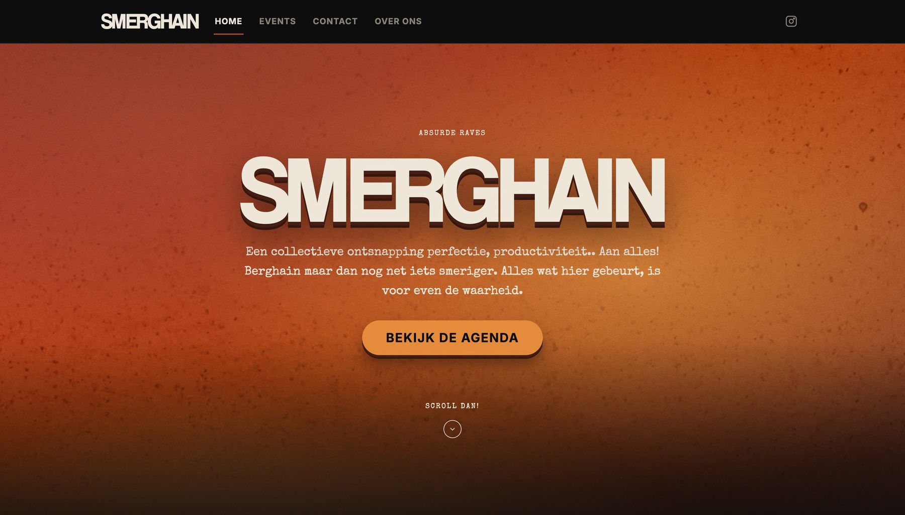 The Smerghain homepage: an orange-red hero with the logo and a single button to the agenda