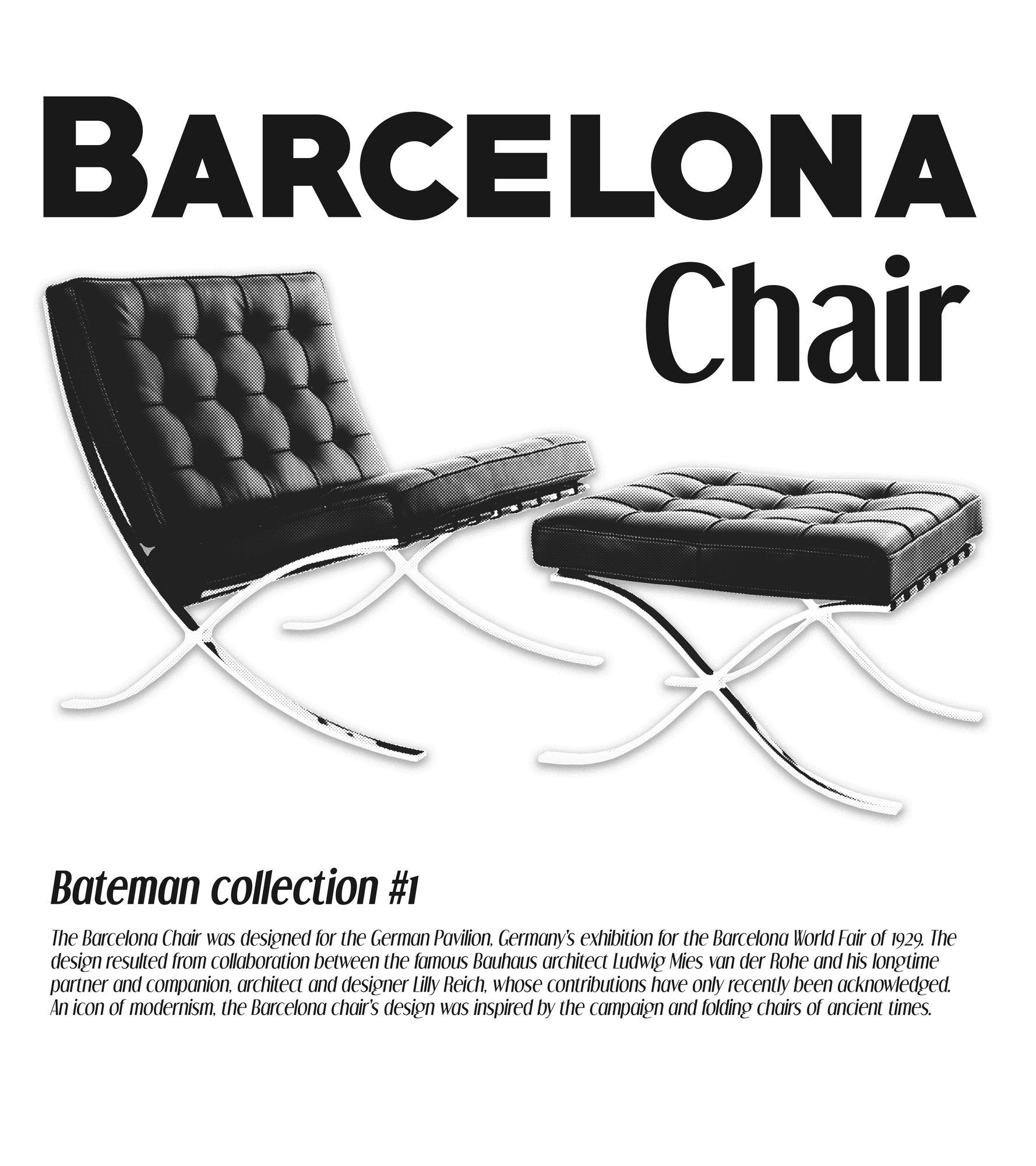 Barcelona Chair tee design: halftone chair and ottoman with bold title